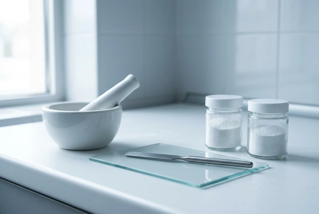 A compounding bench: mortar and pestle, a glass ointment slab, a spatula and two jars of powder