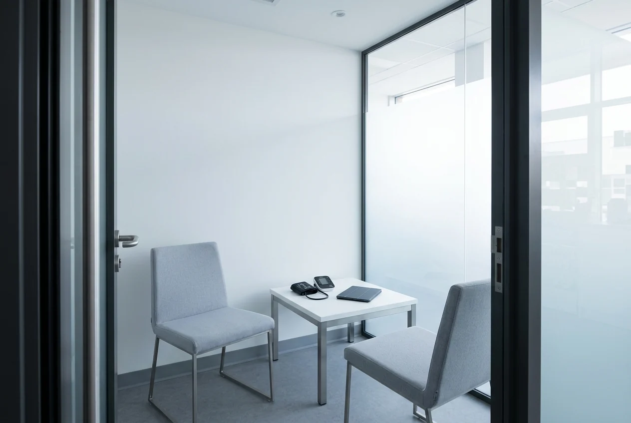 A small private consultation room with two chairs, a blood pressure monitor and a tablet on a low table
