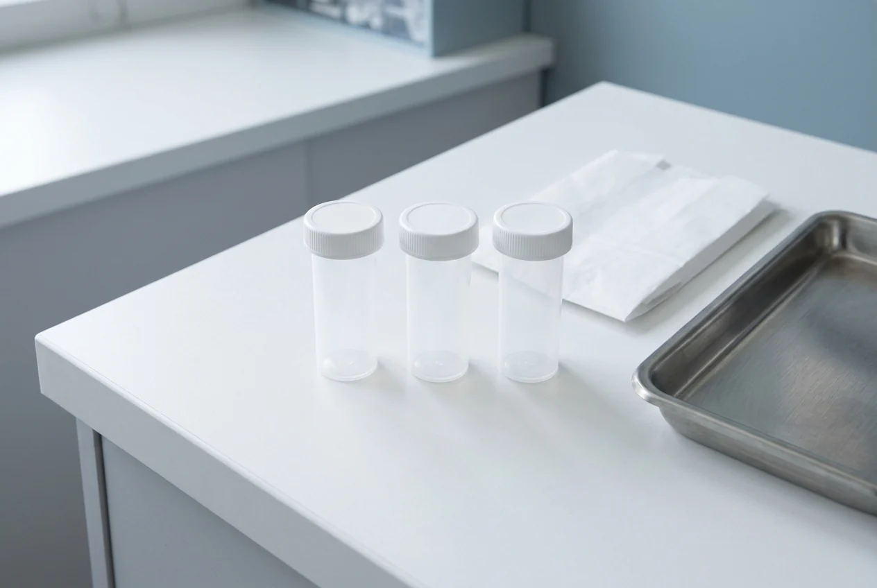 Three plain prescription vials and a folded paper bag set out on a white pickup counter