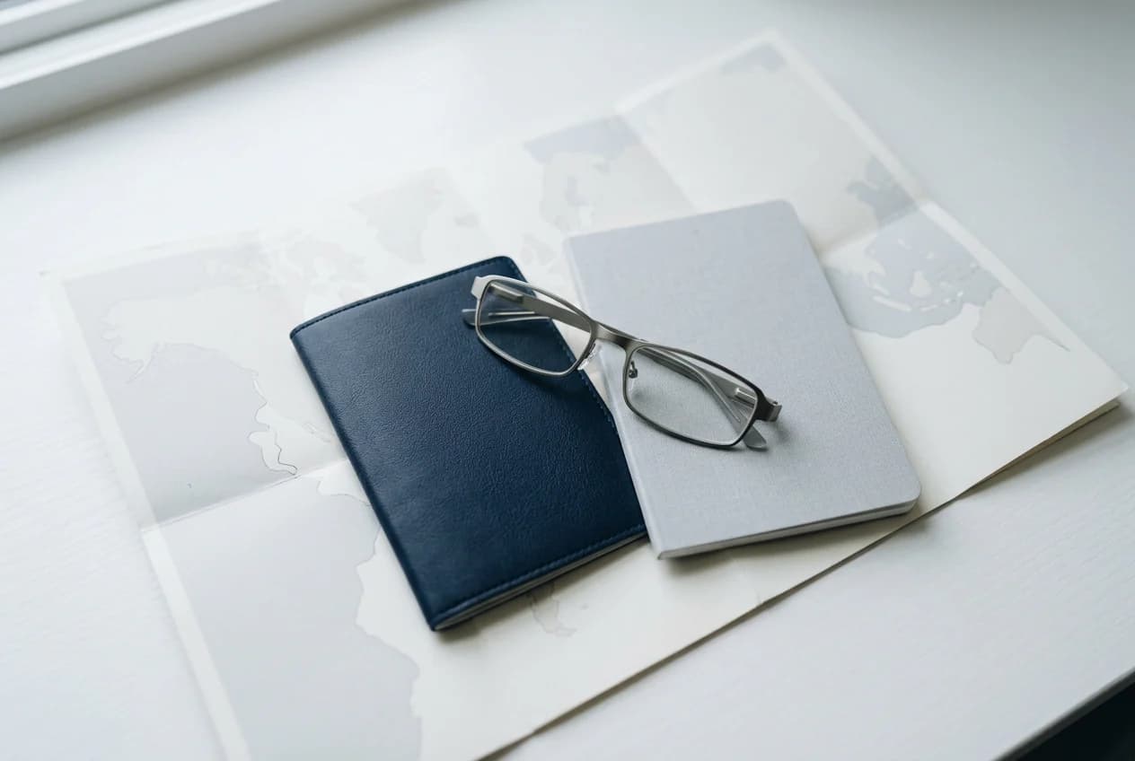 A closed passport, a plain record booklet, reading glasses and a folded map laid out on a desk