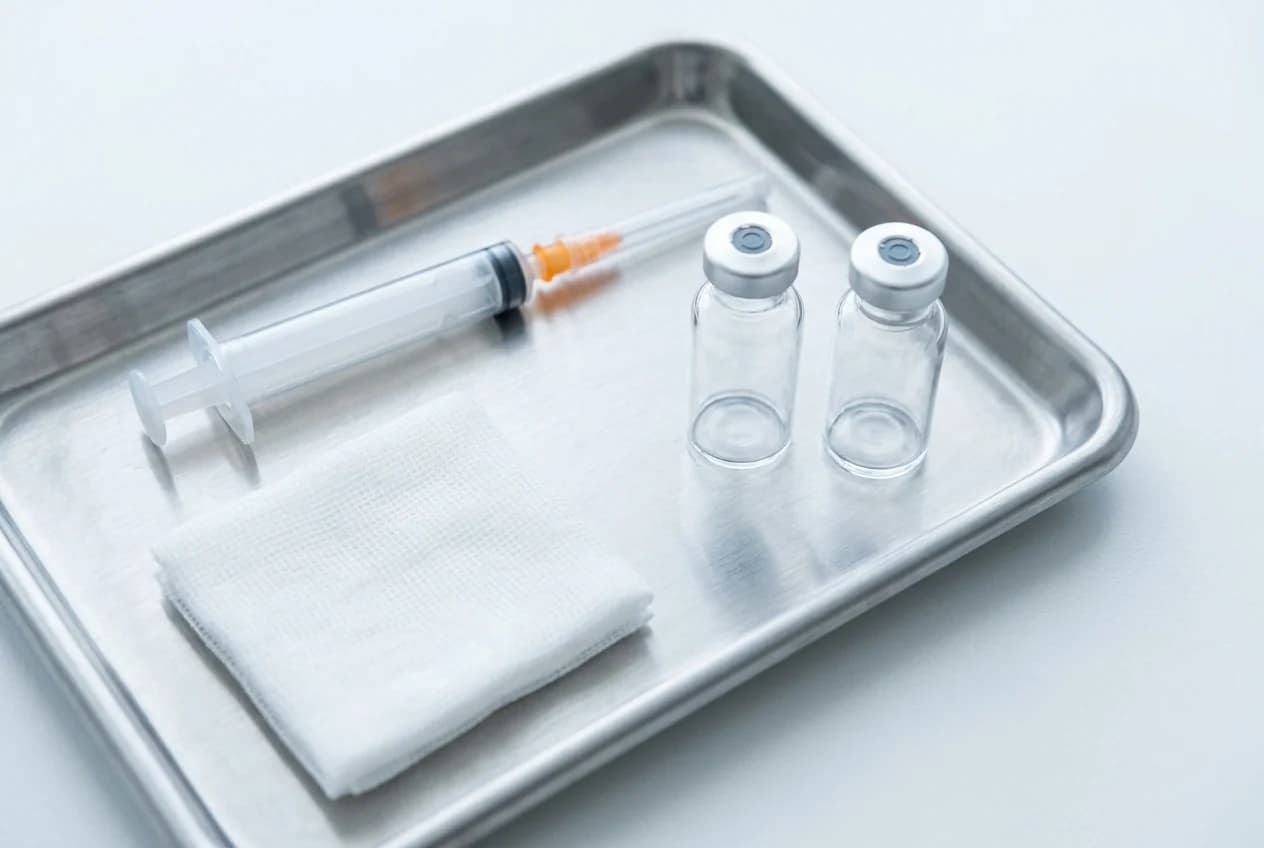 A prepared syringe, two small glass vials and a folded gauze square laid out on a stainless tray