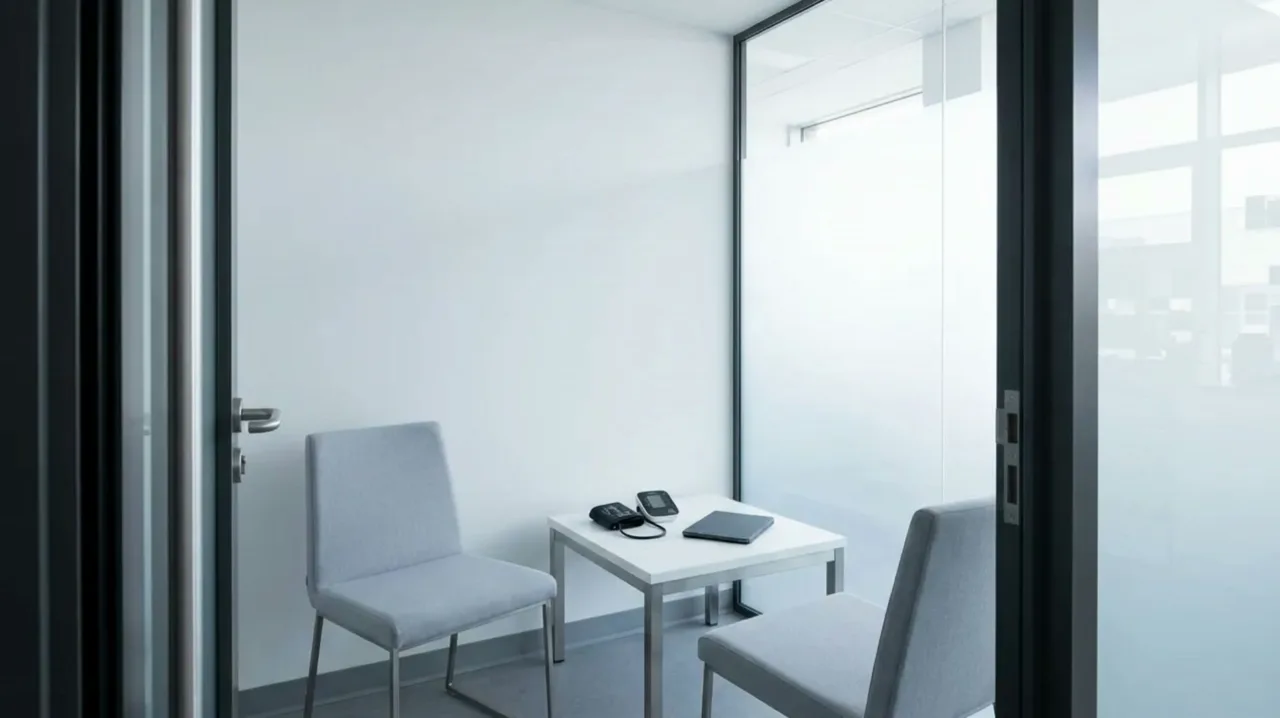 A small private consultation room with two chairs, a blood pressure monitor and a tablet on a low table