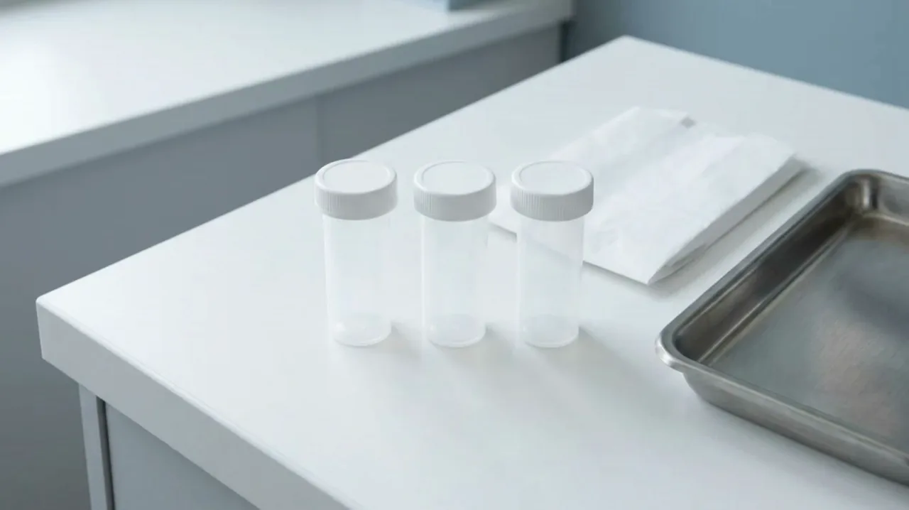 Three plain prescription vials and a folded paper bag set out on a white pickup counter