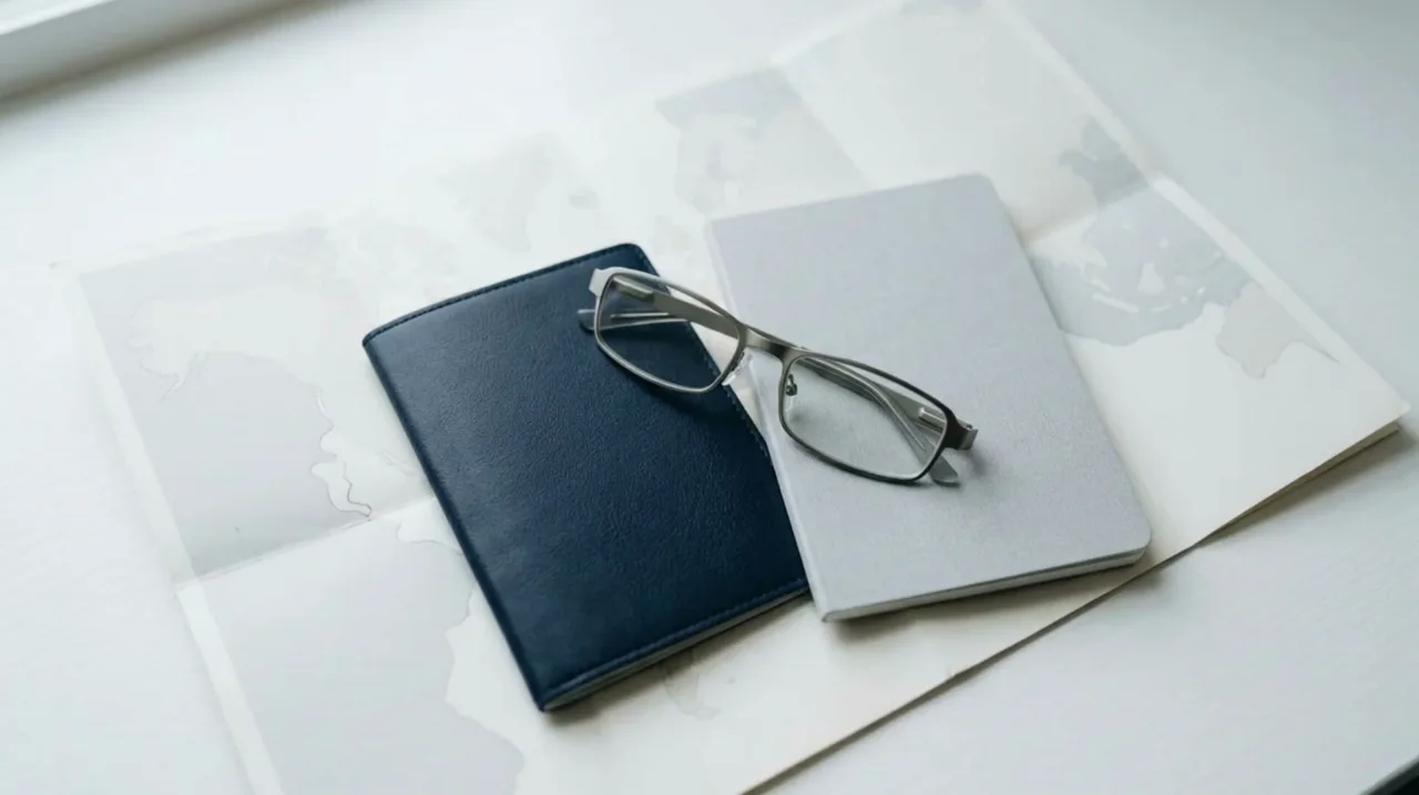 A closed passport, a plain record booklet, reading glasses and a folded map laid out on a desk